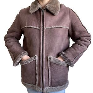 Vintage Womens Shearling Leather Brown Full Zip Western Ranchwear Jacket Sz M